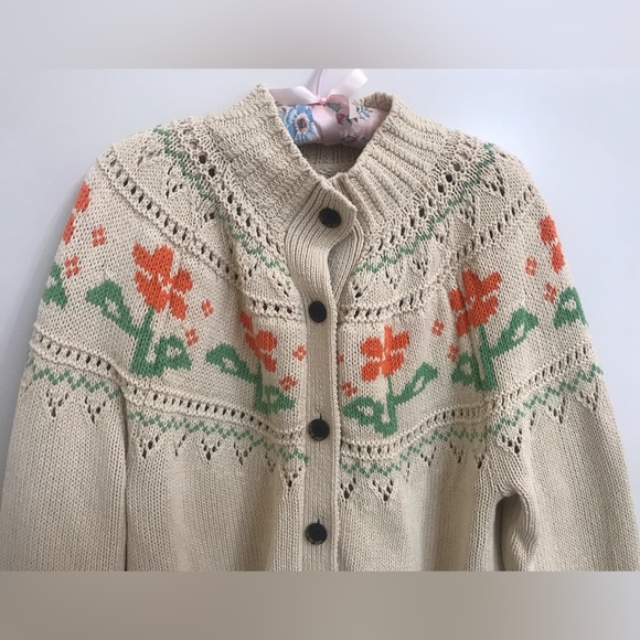 L.L. Bean Beige Cardigan with Orange and Green Floral Design - Picture 3 of 5